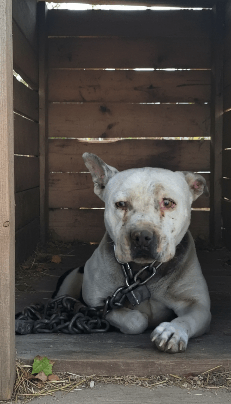 The image of a dog, eyes heavy with a subtle sorrow, chained within a wooden enclosure, evokes a complex mix of emotions.