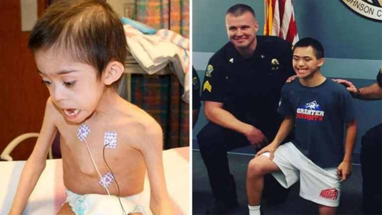 Boy with Down syndrome found starving and locked in attic is reunited with officers who rescued him