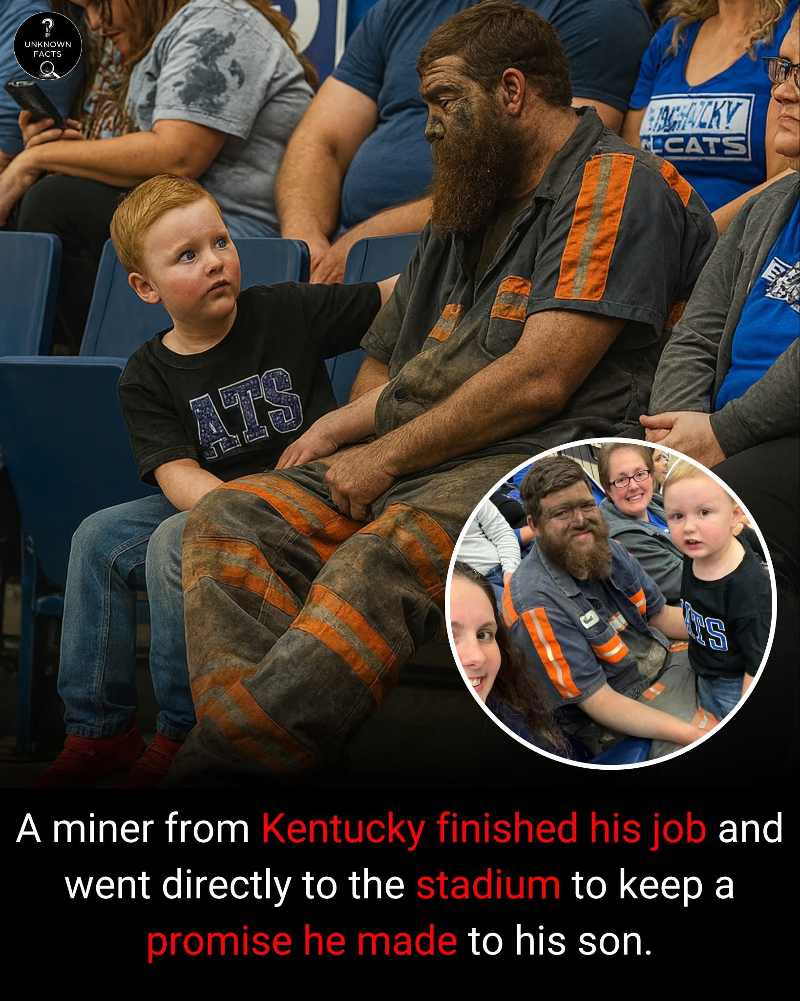 Today I came across a moment that truly touched my heart — one of those images that reminds you how powerful quiet sacrifice can be.A father, exhausted from long hours working underground in a mine, still covered in dust and sweat, didn’t even stop at home to shower.He didn’t rest.He didn’t make excuses.