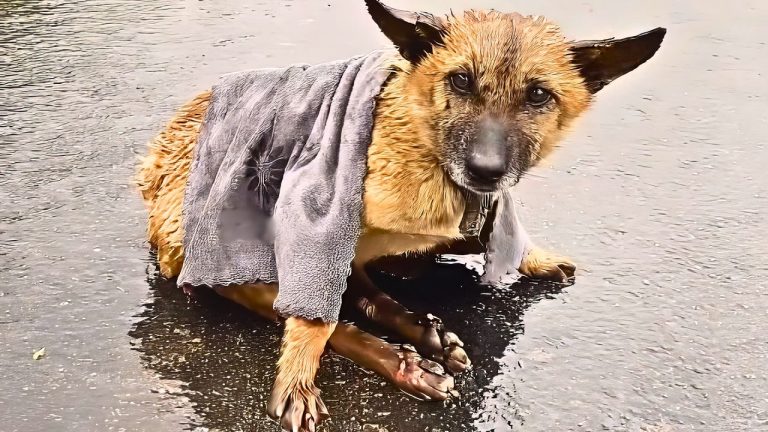 Stray dog drags its disabled legs through the pouring rain, its eyes reveal deep despair.